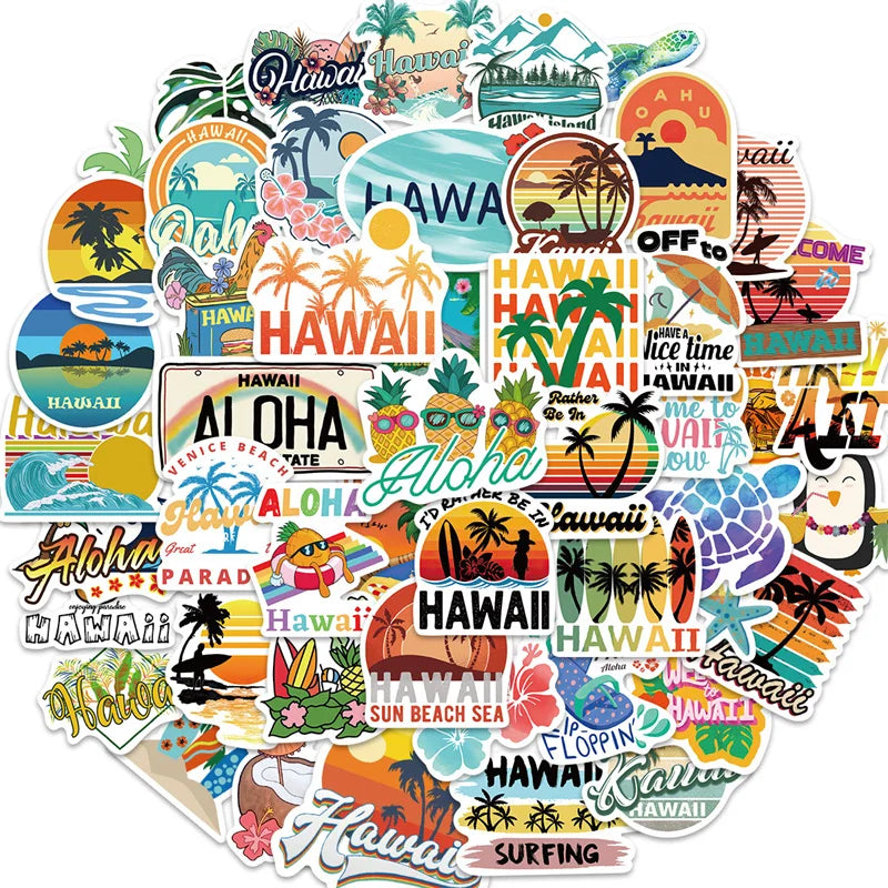 50 Pcs Hawaii Stickers Aloha Beach Vacation Stickers Hawaii Decals for Water Bottle Laptop Luggage Car Bike Bicycle