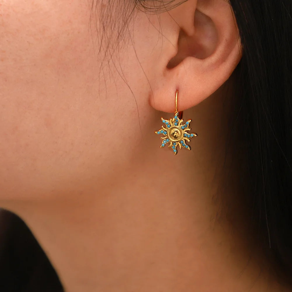 Chic Women Jewelry Sun Turquoise Earrings Classically 18K Pvd Gold Plated Stainless Steel Hoop Earrings