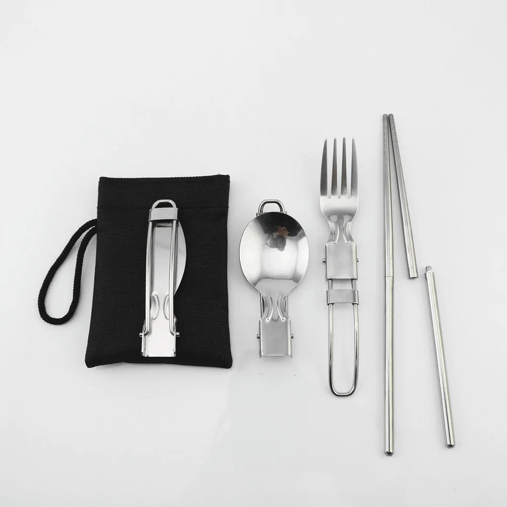 Outdoor Portable Reusable Folding Stainless Steel Knife Fork Spoon Chopsticks Travel Cutlery Set for Camping Silverware