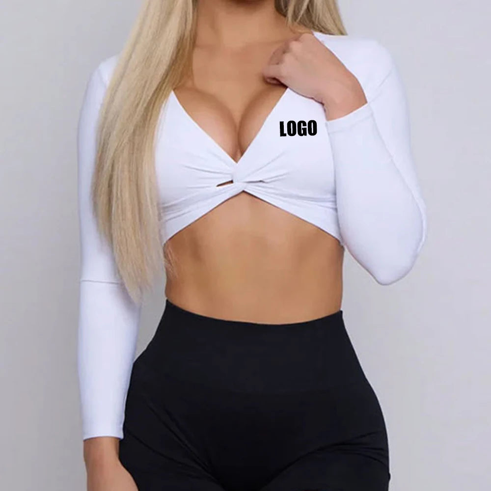 Ropa De Gimnasio Para Mujer Women Workout Clothes Yoga Shirt White Front Twist Long Sleeve Seamless Crop Top