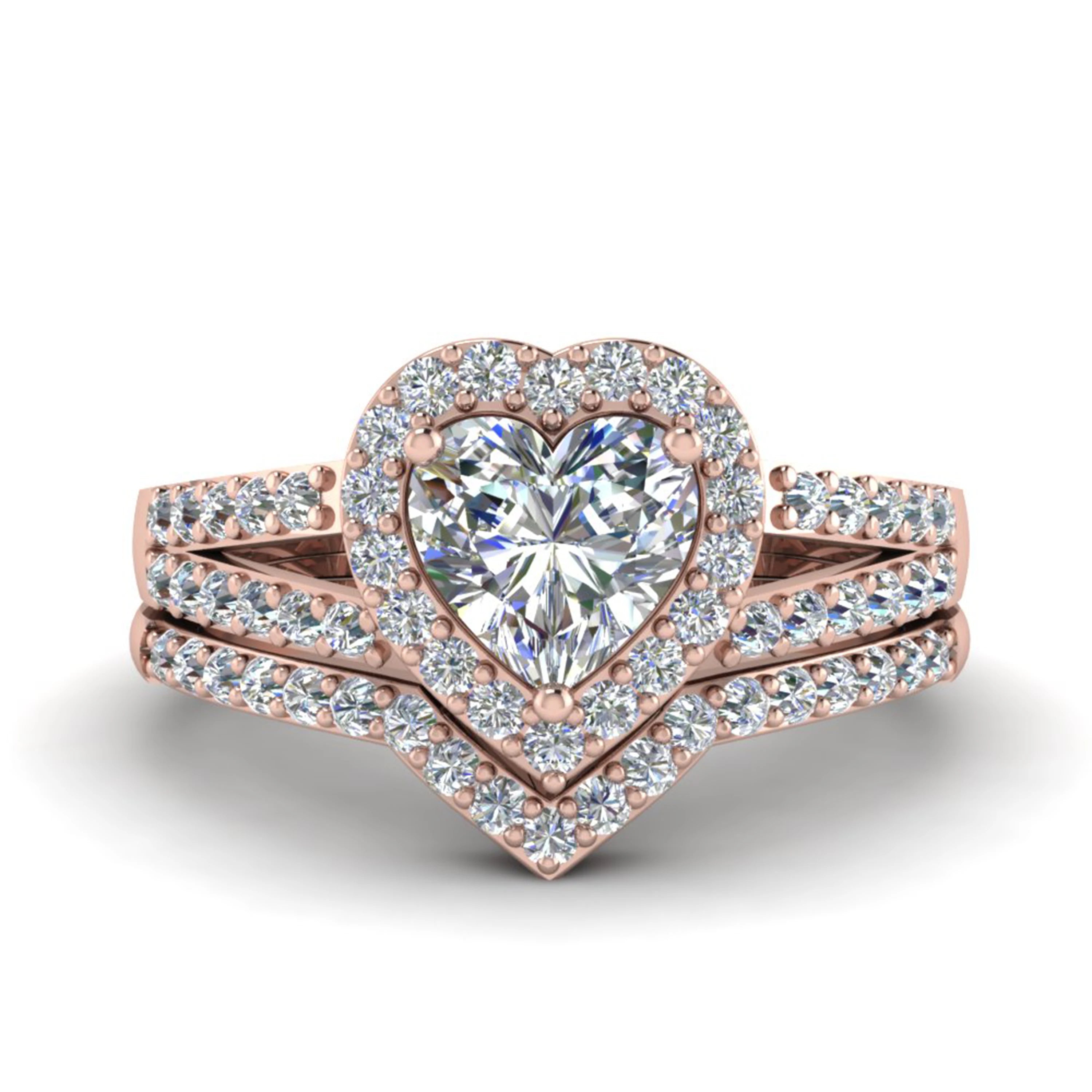 925 Sterling Silver Designer Rose Gold Planed Ring Heart Shaped Ring Swirl Wedding Set Women Rings