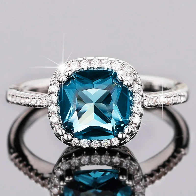 CAOSHI OEM ODM 2025 Ladies Cushion Cut Blue Stone CZ Rings New Silver Color Crystal Zircon Rings for Women