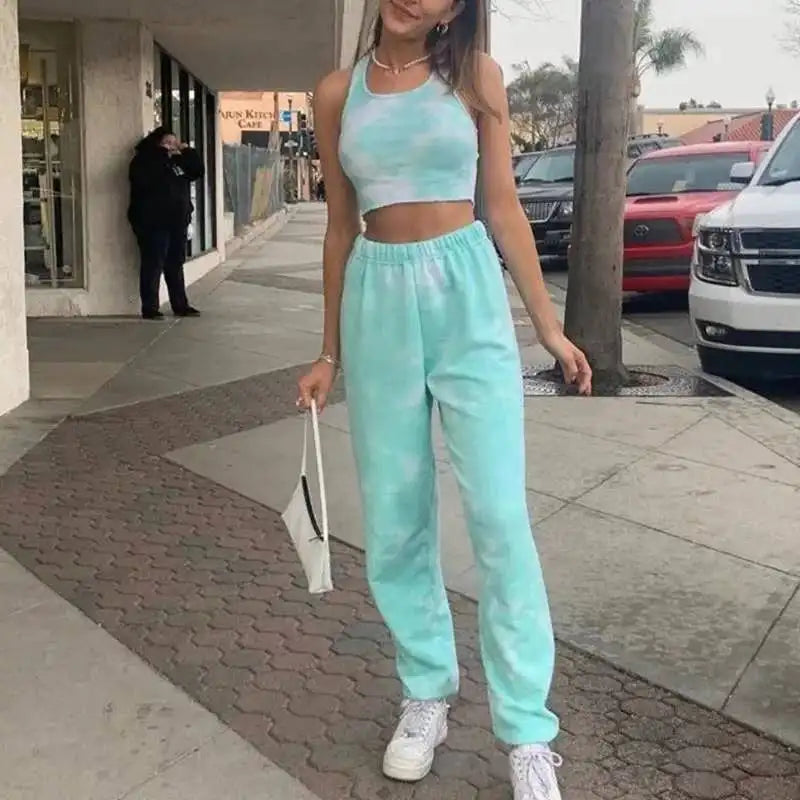 Summer New Tie Dyeing Sweatsuit Slim Crop Top Tracksuit Female Sets Casual Long Pants Sportswear Two Piece Outfits for Women
