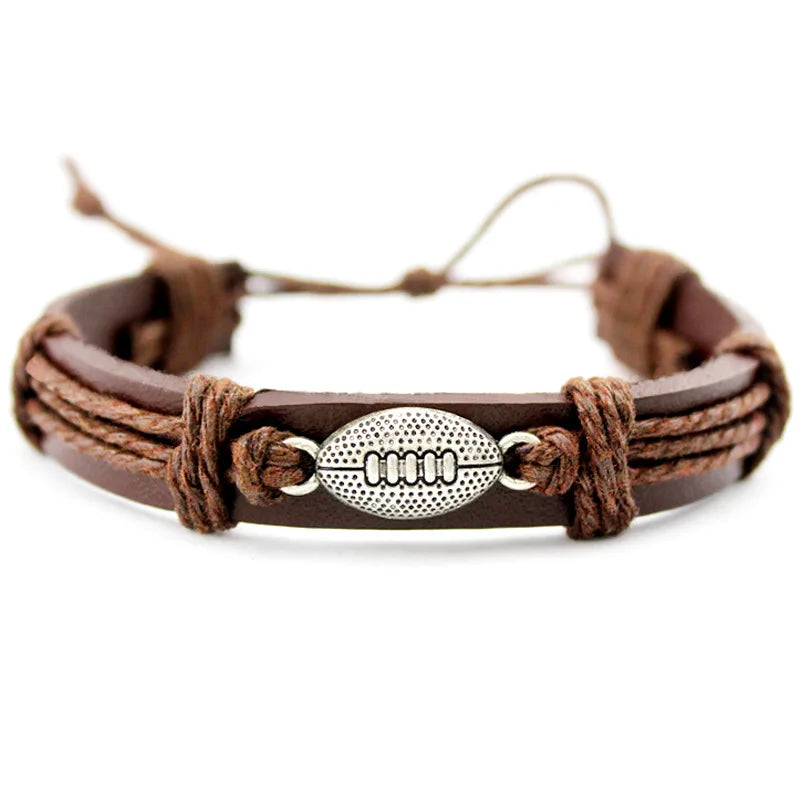 Black Brown Leather Sports Bracelet Basketball Soccer Baseball Softball Rugby Adjustable Bracelet Perfect Sports Gift for Teens
