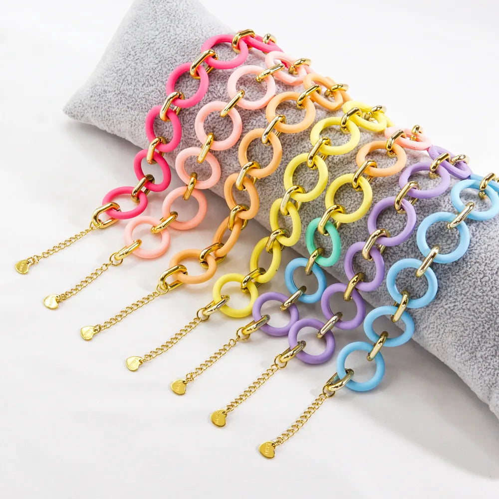 Trendy Rainbow Candy Color Acrylic Circular Ring Link Bracelet Fade-Resistant Link Chain Bracelet Beach Jewelry for Women Gifts