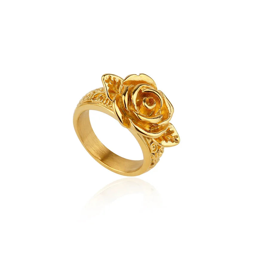 New Vintage 3D Rose Shape Titanium Steel Ring Waterproof Stainless Steel Plated 18k Gold Exquisite Temperament Ring Jewelry