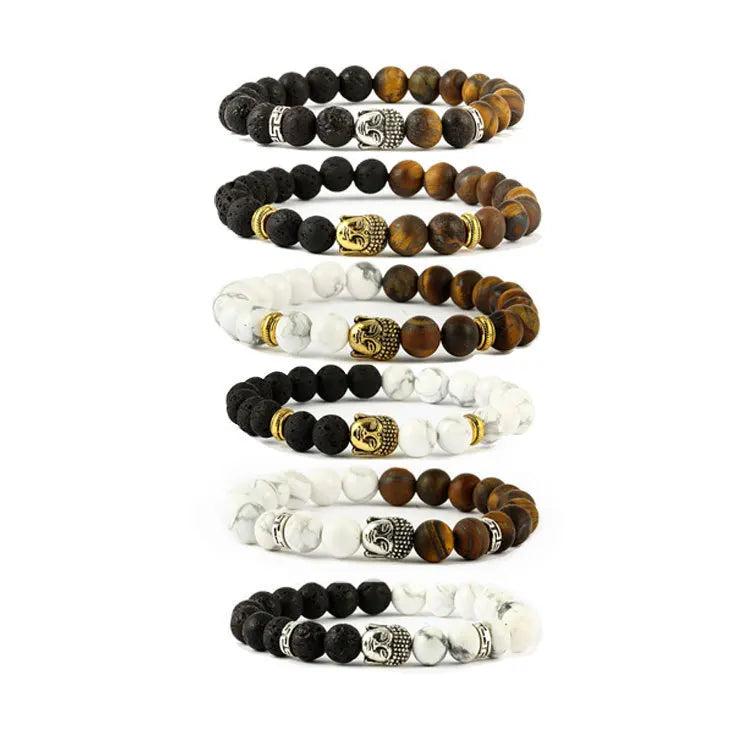 8mm Volcanic Rock Tiger Eye Beaded Bracelet with Alloy Buddha Head Ethnic Ball-Shape Natural Stone Jewelry for Gift