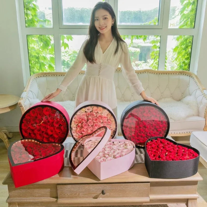Luxury Large Heart Shape Paper Box Glossy Lamination Transparent PVC Lid LED Light Wedding Day Valentine's Gift Packaging