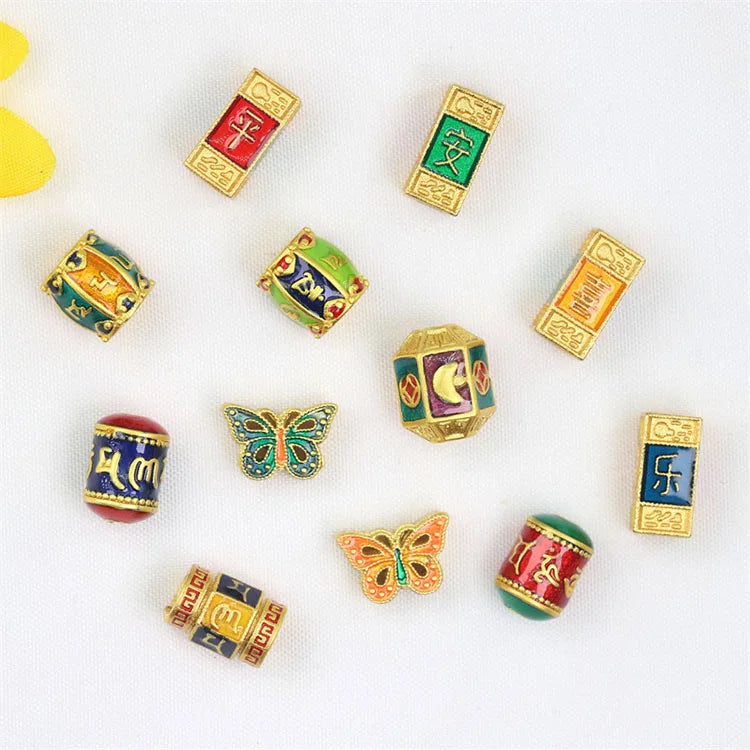 JF8764 Enamel Matte Gold Cloisonne Tube BeadsOm Mani Padme Hum Mantra Cloisonne Buddhism Barrel Drum Tube Prayer Jewelry Beads
