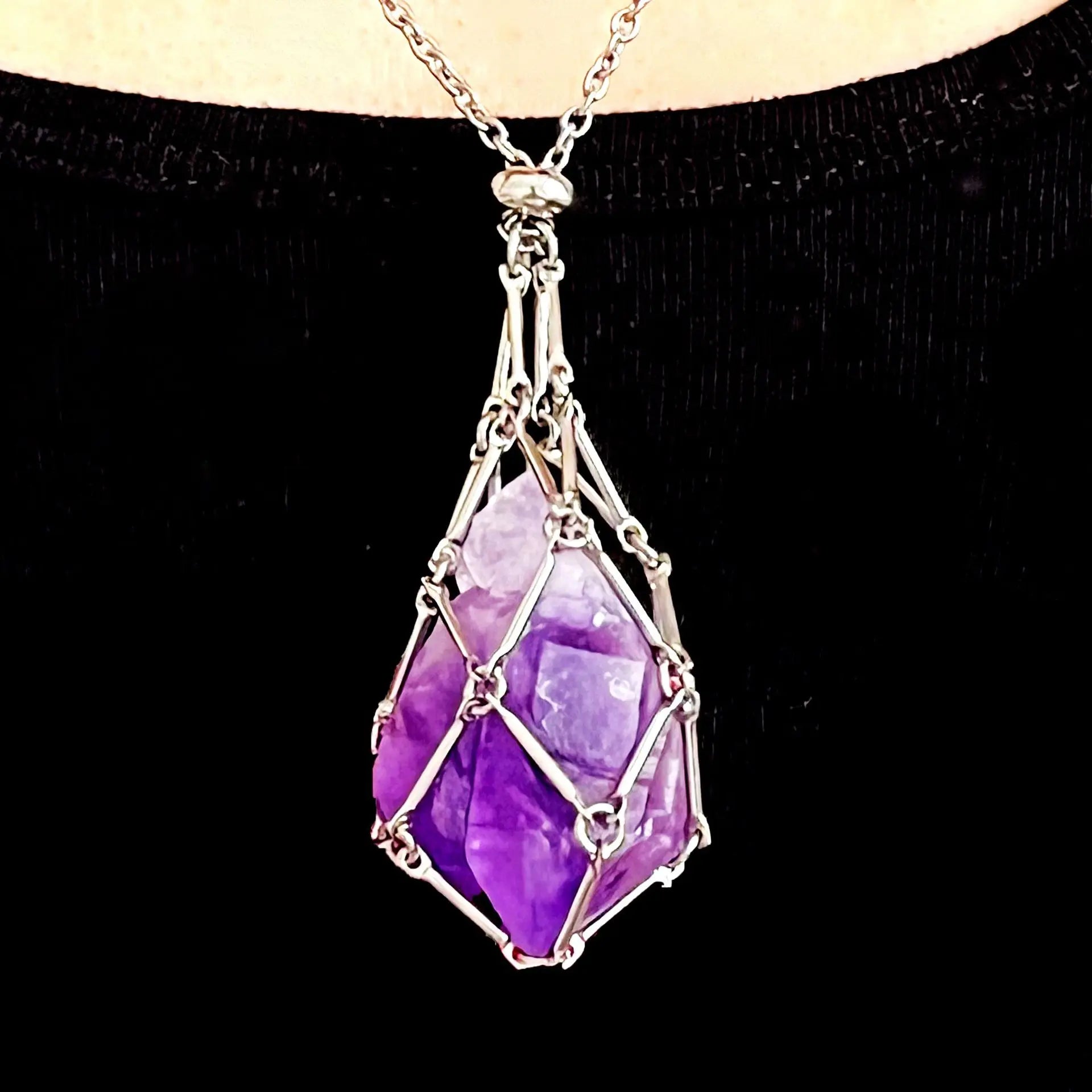 SC Hot Sale Punk Stainless Steel Necklace Crystal Stone Holder Necklace Vintage Adjustable Metal Net Necklace for Women