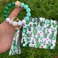 Silicone Beads Cardbag Keylets Pu Leather Car Key Holder Wallet Keychain O-ring Bracelet Wristlet Key Ring Card Bag