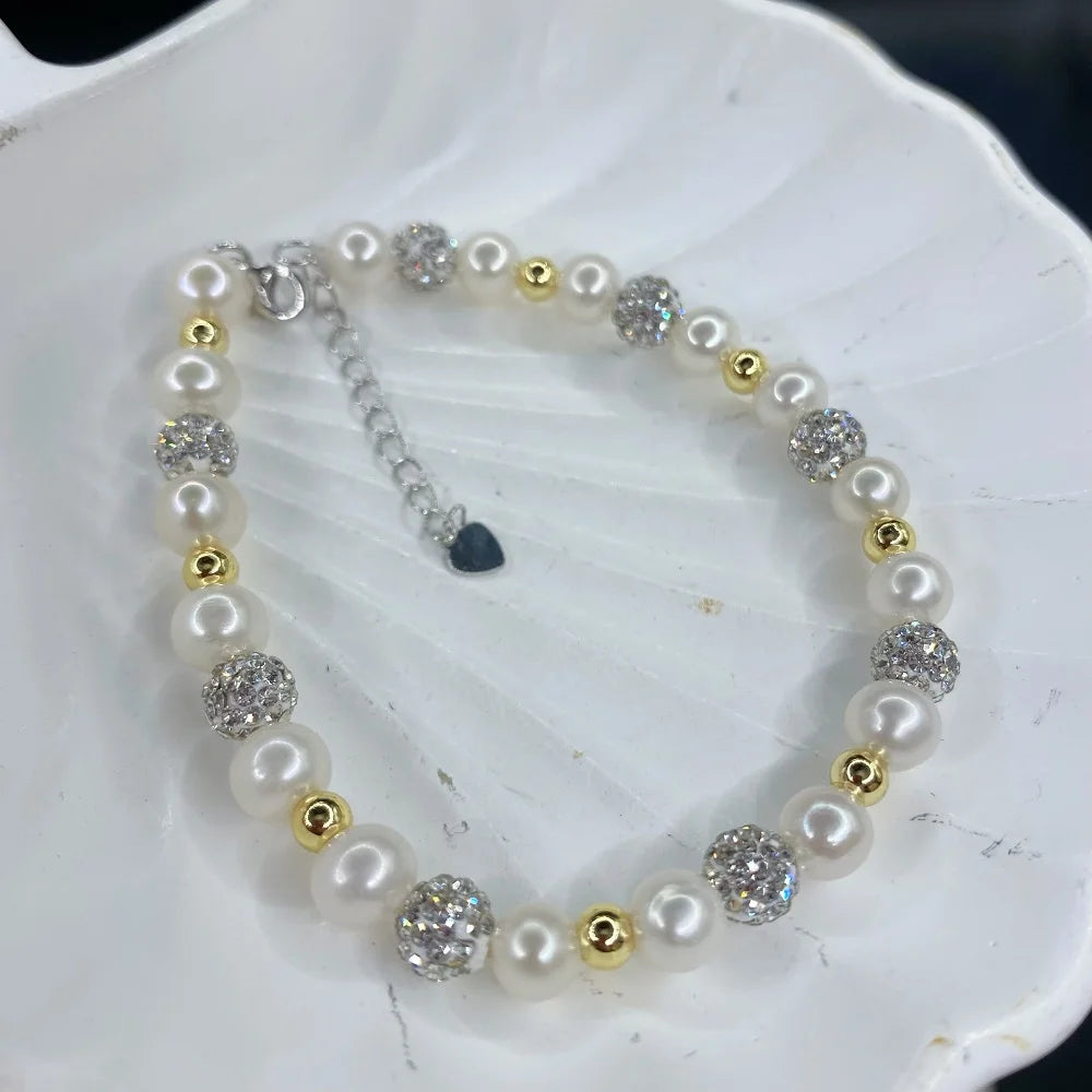 Hot Selling Copper Yellow Beads 3A Natural Freshwater Round Pearl Bead Adjustable Bracelet