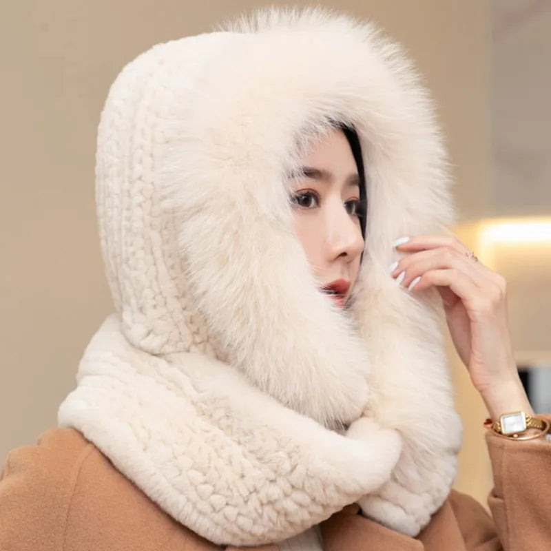 Women's Winter Women Hooded Neck Warmer Fox Fur Trimmed Knitted Rex Rabbit Fur Hat with Scarf