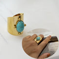 Retro Style Wide Band Oval Stone Ring Stainless Steel High Polished 14K Gold Plated Natural Stones Ring