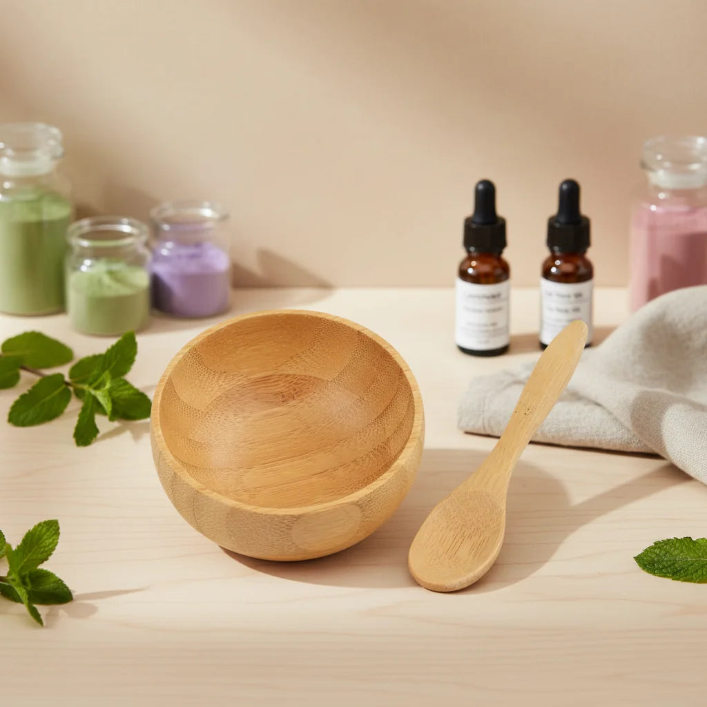 Free Custom logo Bamboo Bowl with Spoon for Diy Mask Mxing Mini Bamboo Spatula Wooden Bowl Set for Skin Care Mini Mixing Bowl