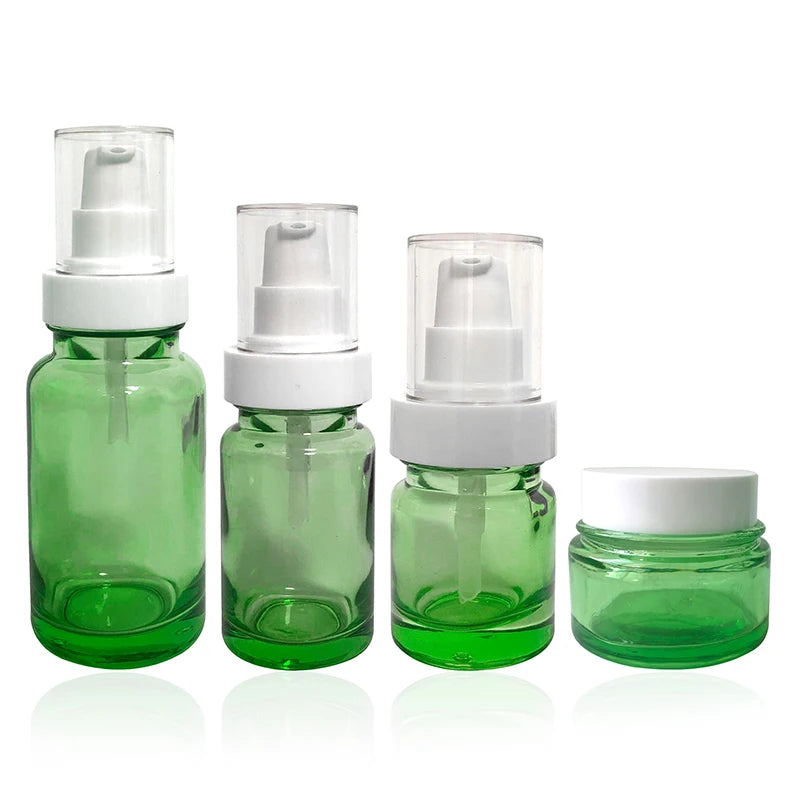 Cosmetic Bottle Set Green Glass Skincare Cream Jar Glass Foundation Bottle Lotion Glass Bottle With White Cap