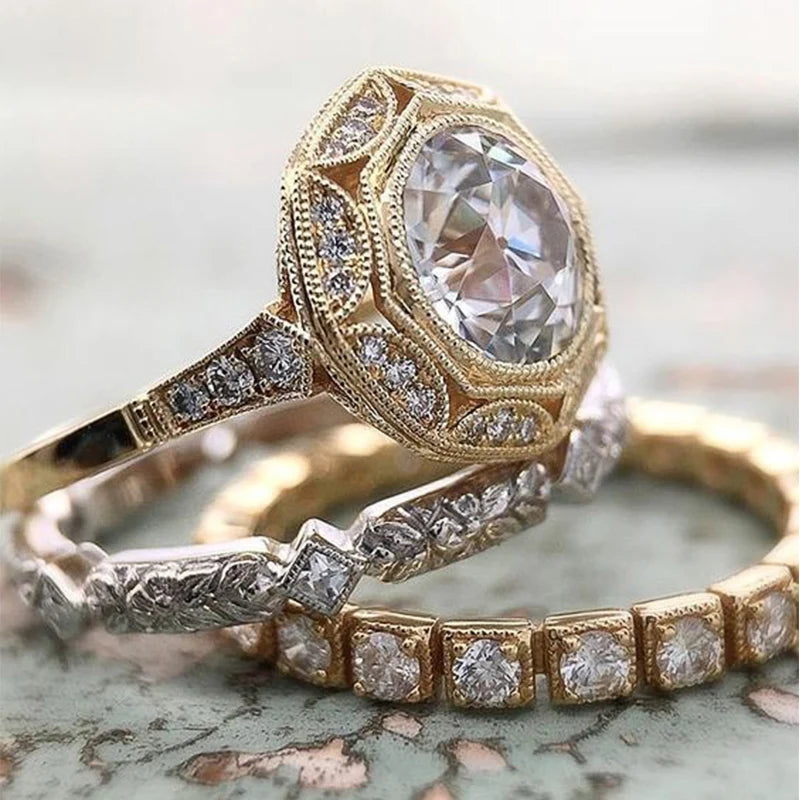 CAOSHI Romantic Geometric 3PC Ring Sets for Women With Different Shaped Cubic Zircon Stone Settings Luxury Engagement Rings Set