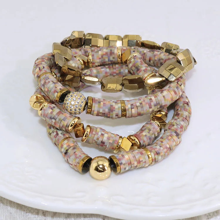 BC4012 8mm Bohemia Boho Chardonnay Neutral Polymer Clay Heishi Beaded CZ Micro Pave Ball Bead Stacking Bracelets