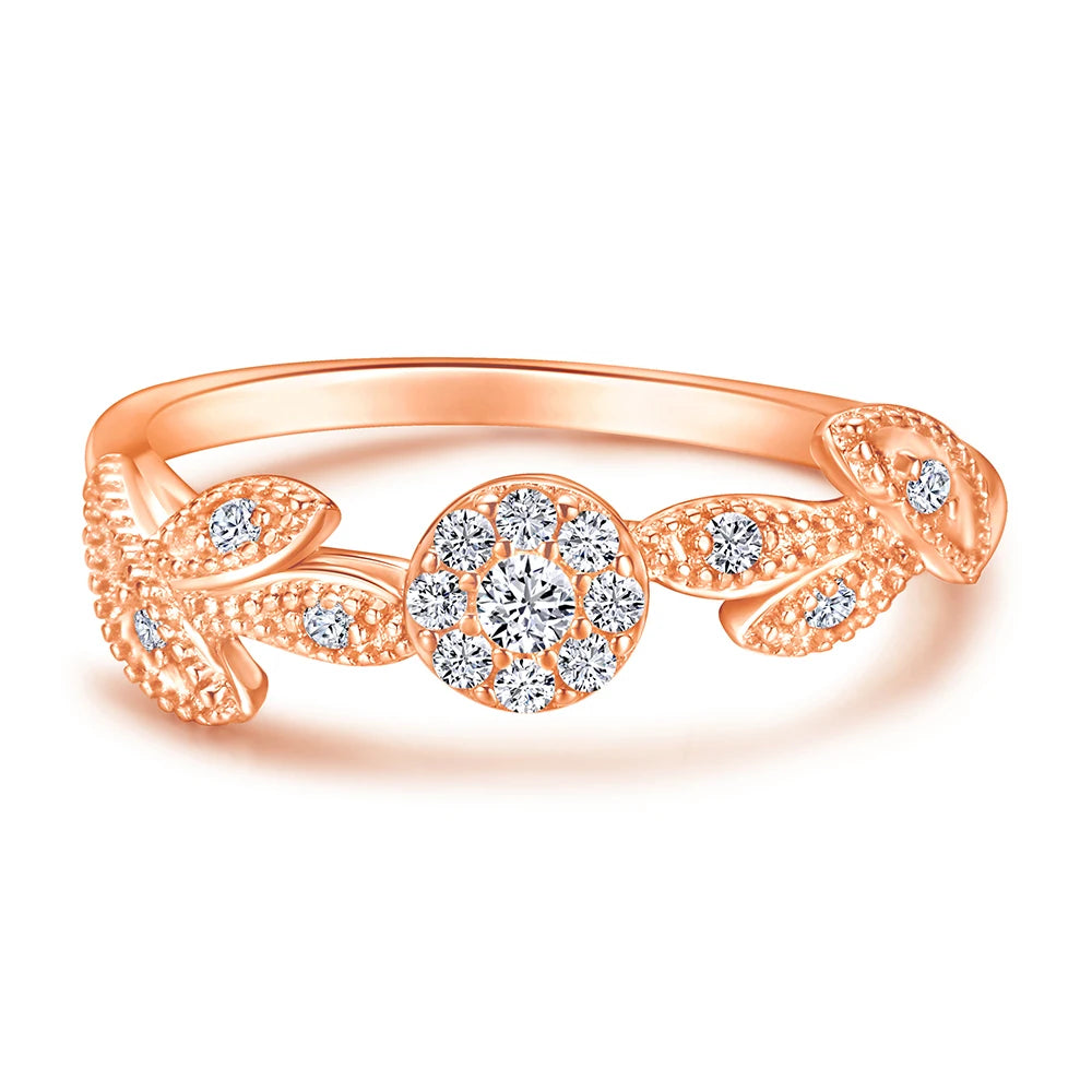 A Flower Engagement Silver Ring With Rose Gold Plated White CZ Casual Leaves Rings