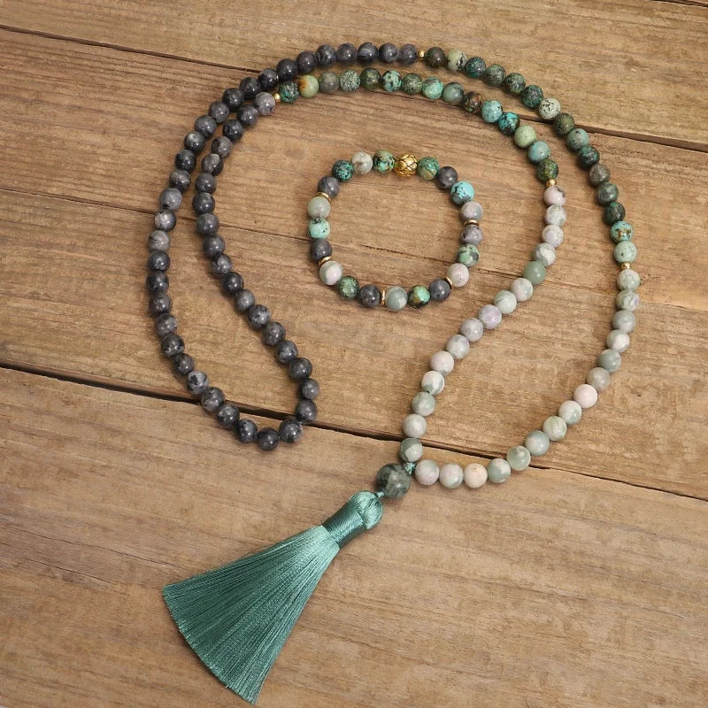 New Design Natural Gemstone Necklace Bracelet Set Tiger Eye & African Turquoise 108 Beaded Yoga Japamale Necklace for Women Girl