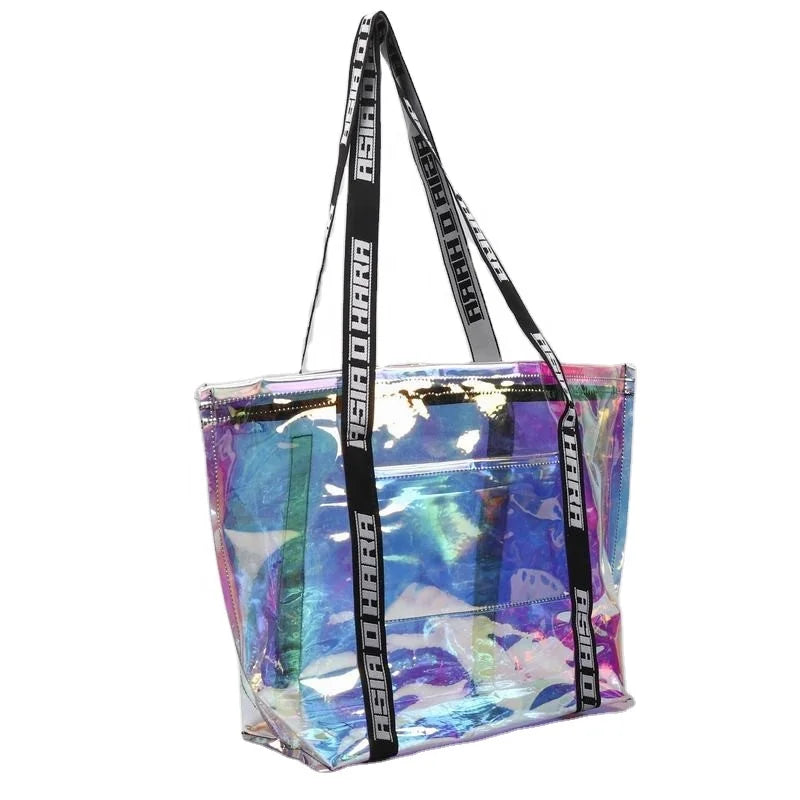Custom Holographic Clear Transparent PVC Tote Bag With Zipper