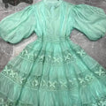 New Stand Collar Embroidery Lantern Sleeve Waist Perspective Dress Women