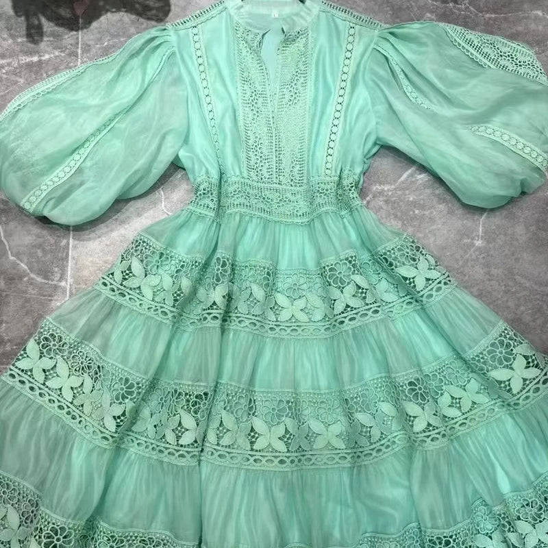 New Stand Collar Embroidery Lantern Sleeve Waist Perspective Dress Women