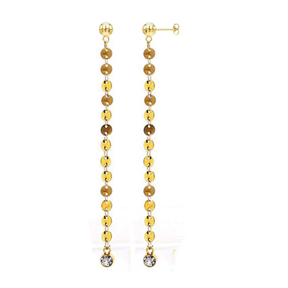 Shiny Women's Stainless Steel Gold Color Long Round Sequin Drop Earrings Fashion Hand Jewelry