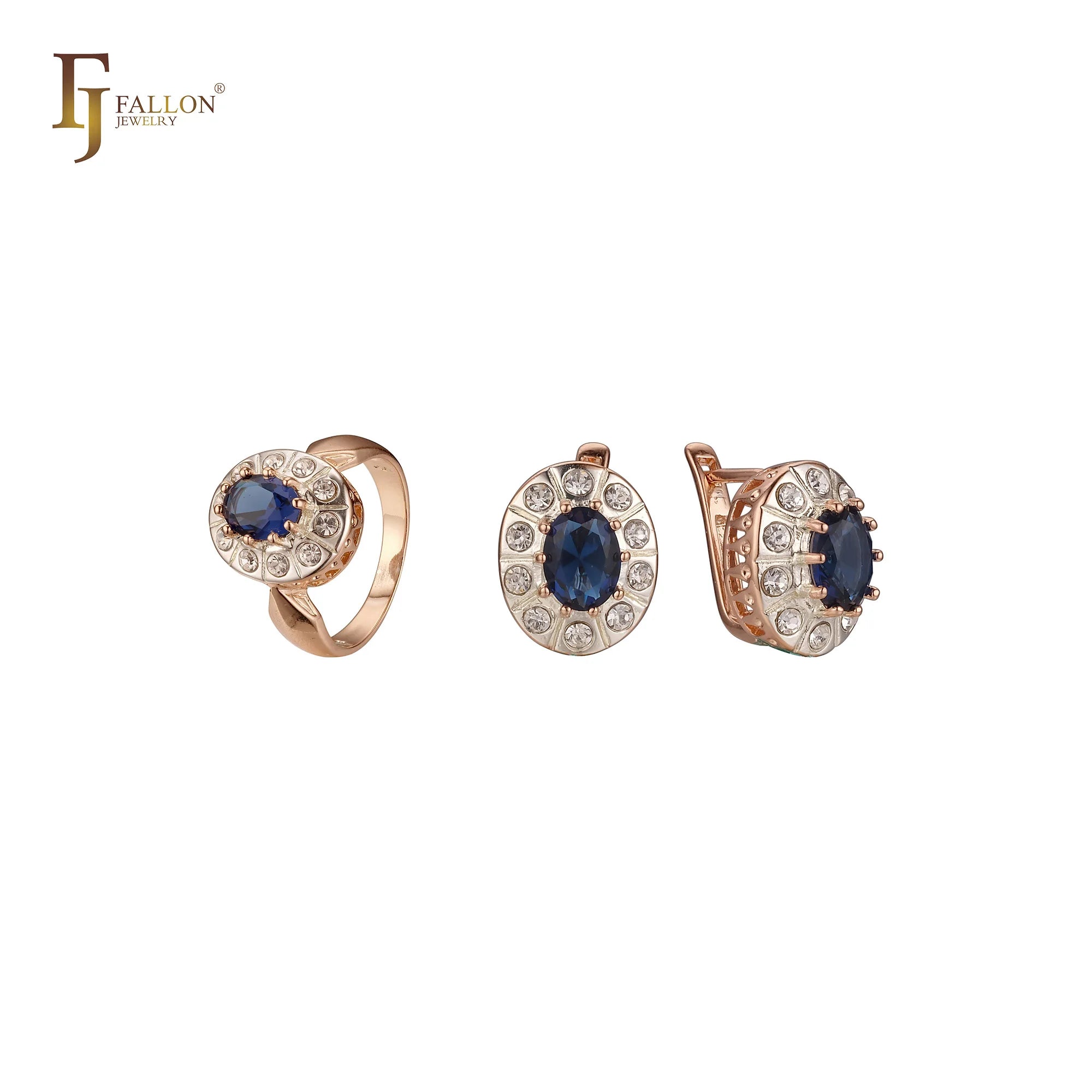FJ Fallon Fashion Jewelry Halo Jewelry Set With Rings Plated in Rose Gold Two Tone Brass Based