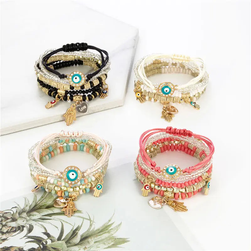Hot Selling Bohemian Multi-Layer Evil Eye Beaded for Bracelet Handmade Adjustable Zinc Alloy Hamsha Charms Stack Bracelet Sets