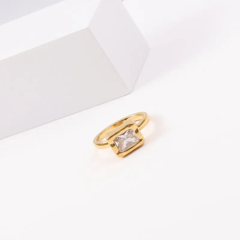 Joolim High End 18K Gold Plated Stainless Steel Rectangle Zirconia Rings for Women Finger Ring Wholesale