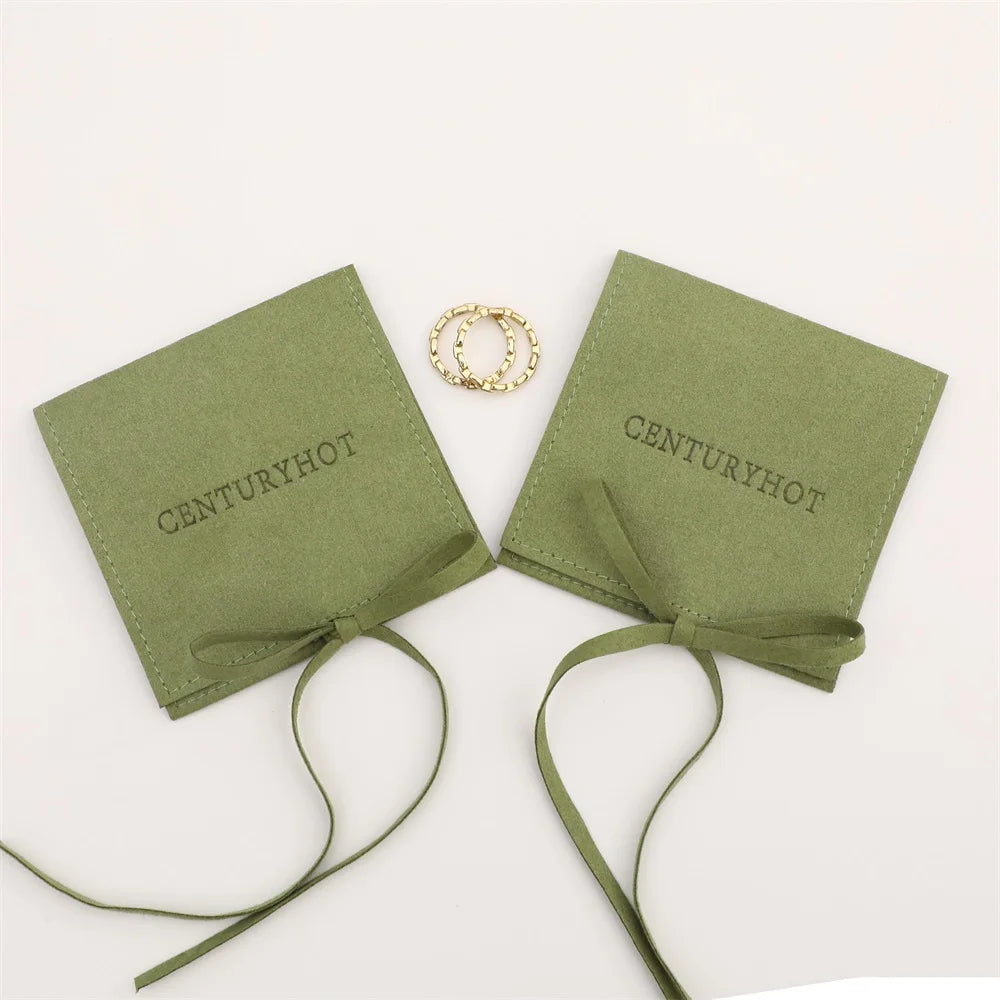 PUPPYSEW 50 Custom  Green Microfiber Jewelry Pouches Envelope Style Jewelry Packaging Bags With Ribbon Jewelry Bag With Logo