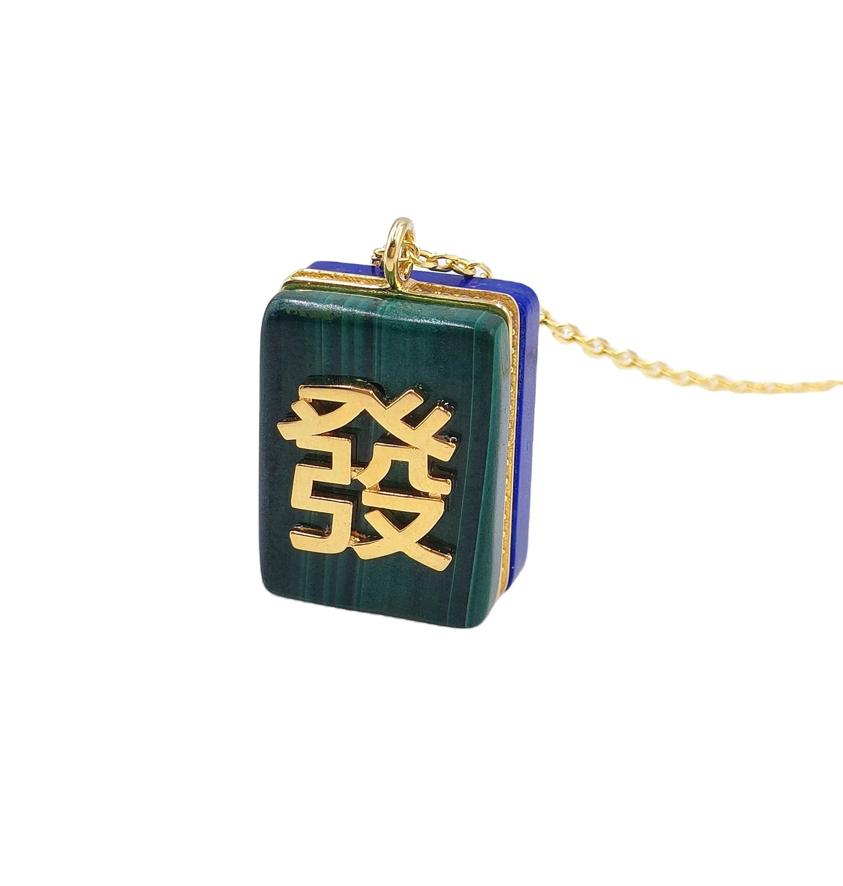 Chinese Characters FA Word Wealth Rich Malachite Stone Zircon Pendant Necklace in 14K Yellow Gold Plated 925 Solid Silver