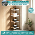 4 Tier Bamboo Bathroom Shelf with White Trays Freestanding Bathroom Storage Shelf Organizer Natural Wood Bathroom Shelving Unit