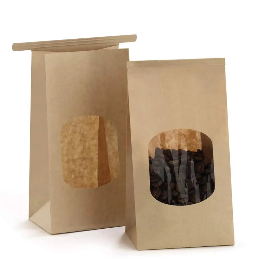 Small Brown Kraft Paper Bag with Logo Print Classic Tin Tie Tab Lock for Coffee Cookie Treat Craft Candle Food Window Display
