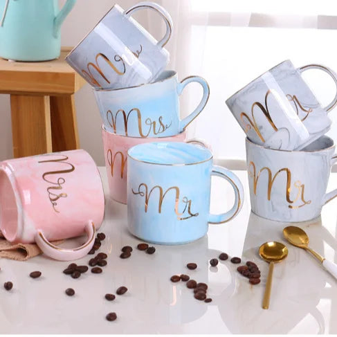Marble Ceramic coaster Set with  Mr and Mrs Couple Mug Set