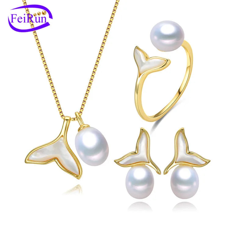 FEIRUN 8mm Button and Drop Women Wedding Bridal Freshwater 925 Sterling Silver Pearl Set