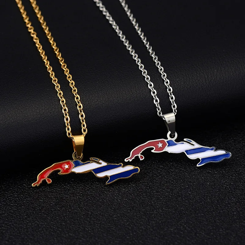 Manufacturer Enameled Cuba Map Chain Necklaces Stainless Steel 18K Gold Plated Enamel Cuba National Flag Map Pendant Necklace