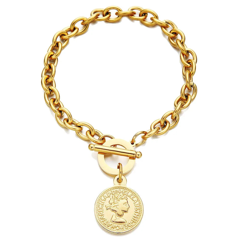 European Newest Arrival Gold Plated Stainless Steel Queen Head Pendent  OT Clasp Lock Link Chain