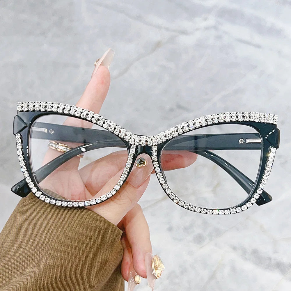 2024 Luxury Designer Unisex Fashionable Diamonds Cateeye Bling Print TR90 Anti Blue Light Blocking UV400 Protection Optical