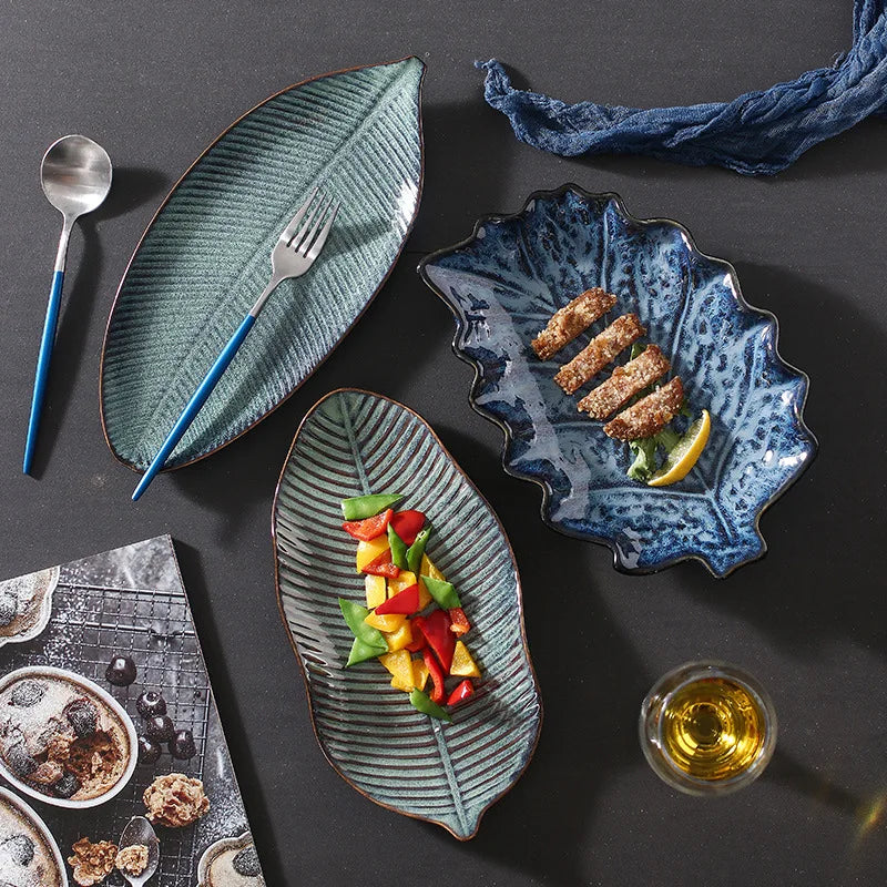 Wholesale Dinner Plates Creative Banana Leaf Shaped Blue Glaze Kiln Change Dinner Plate