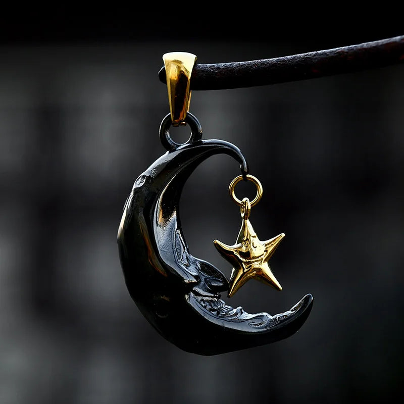 SS8-750P 316L Stainless Steel Moon Face Star Necklace Pendant for Men Women Punk Choker Gothic Jewelry Gift
