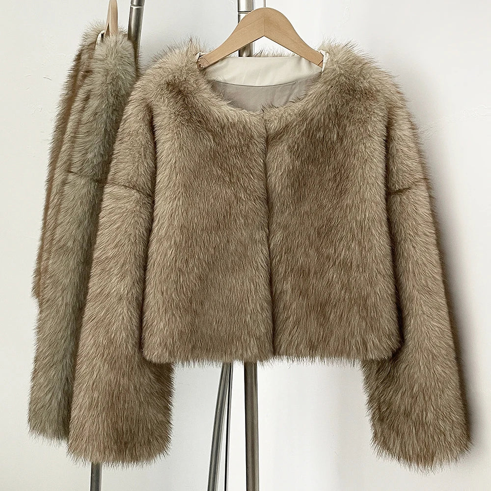 OFTBUY Women's Elegant Thick Winter Coat Casual Autumn Short Woven Breathable Faux Fox Fur Jacket Windproof Artificial Imitation