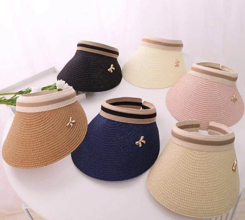 Wholesale 2024 New Design Visor Hat Handmade Empty Top Bow Straw Hat Paper Summer Sun Travel Beach  Fashion Ladies Hat