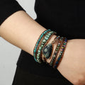 Fashion Boho Bracelet Black Lace Rhodonite African Turquoise Natural Stones Grass Green Charm 5 Strands Woven Wrap Bracelets