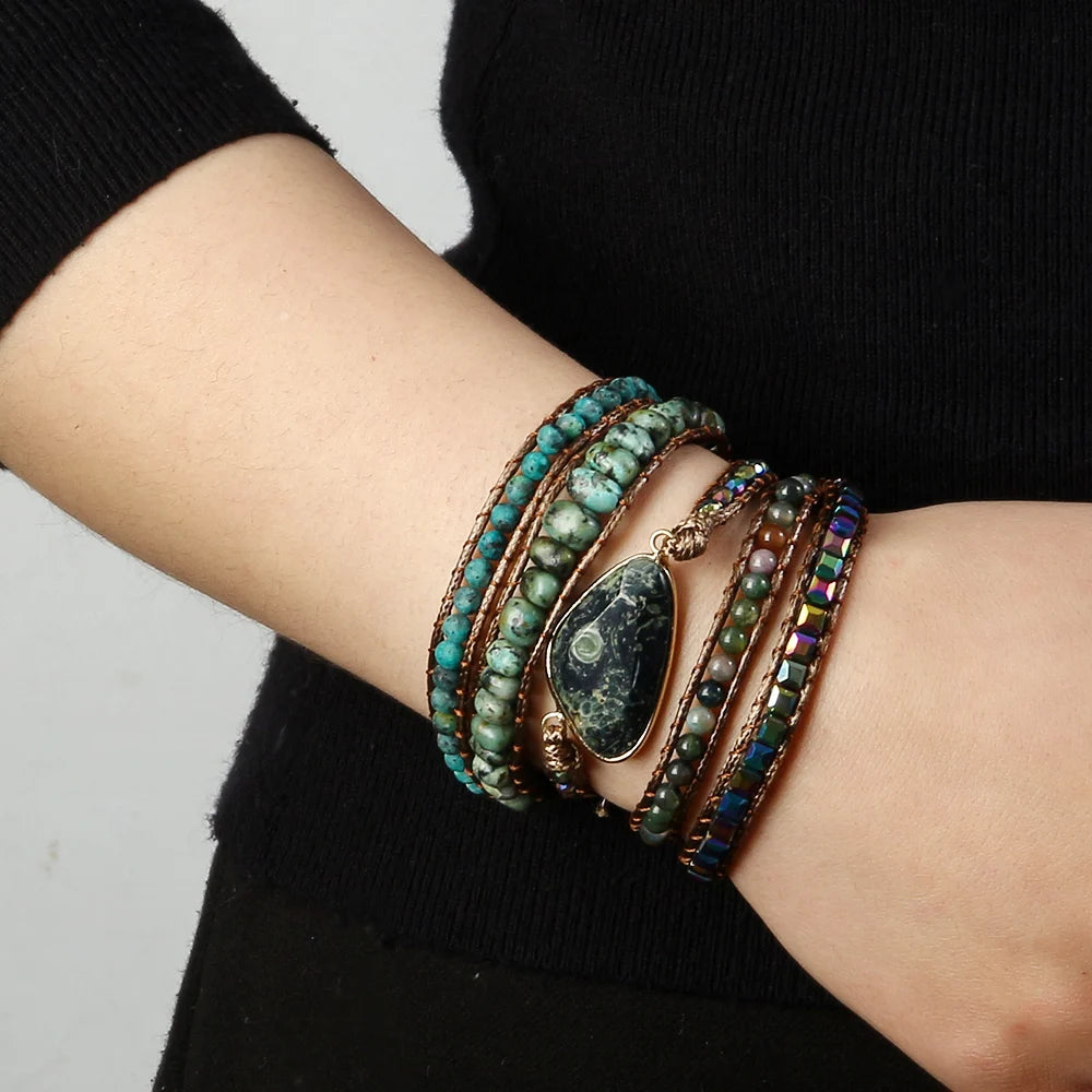 Fashion Boho Bracelet Black Lace Rhodonite African Turquoise Natural Stones Grass Green Charm 5 Strands Woven Wrap Bracelets