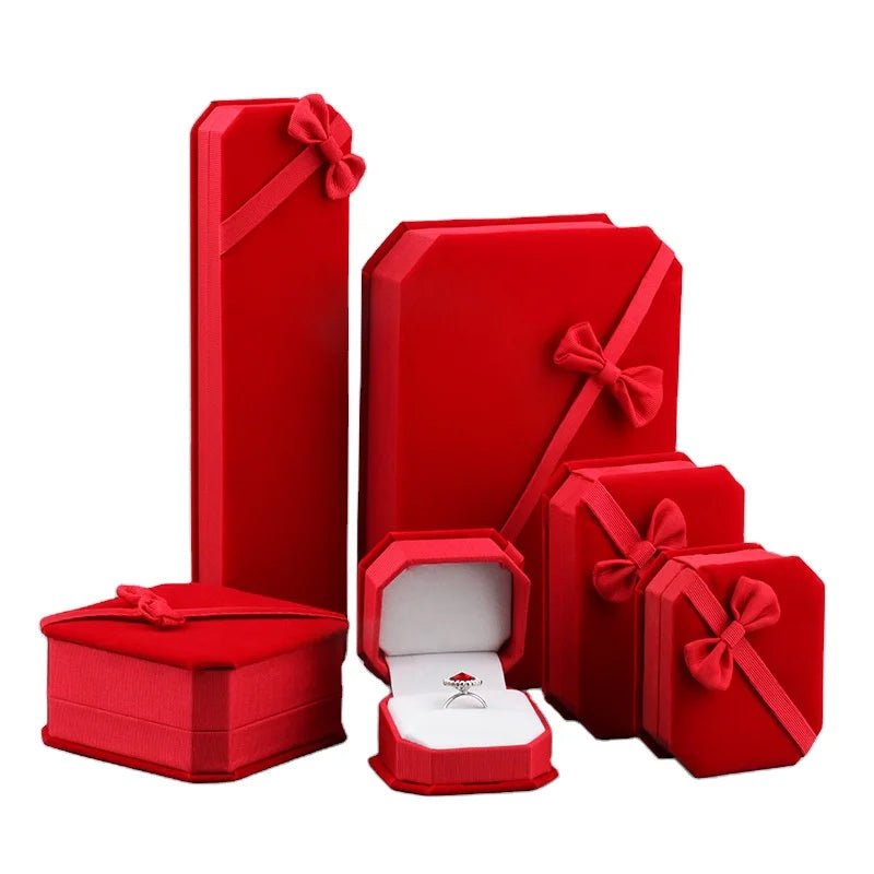 Luxury Flannelette Engagement Ring Earrings Necklace Bracelet Jewelry Gift Packaging Box Red Velvet Jewelry Box With Bowknot