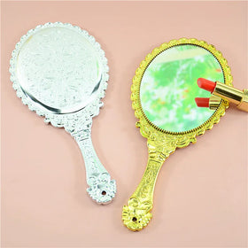 Classic Plastic Cheap Handle Mirror Gold Pink Lace Pattern Makeup Mirror Vintage European Style Mirror Espejo De Maquillaje