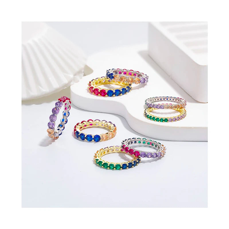 Minimalist Engagement Wedding Ring Solid 925 Sterling Silver Gold Rainbow Gemstone Diamond Custom Stackable Eternity Band Ring