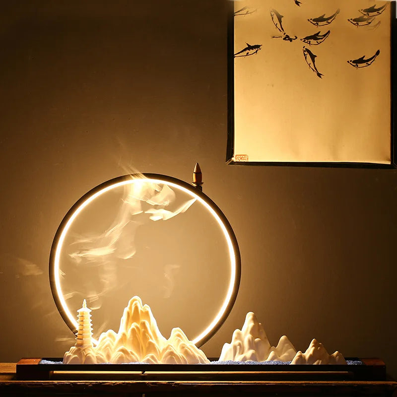 Backflow With Lamp Zen Waterfall Holder for Household Indoor Aromatherapy Led Light Ceramic Incense Burner